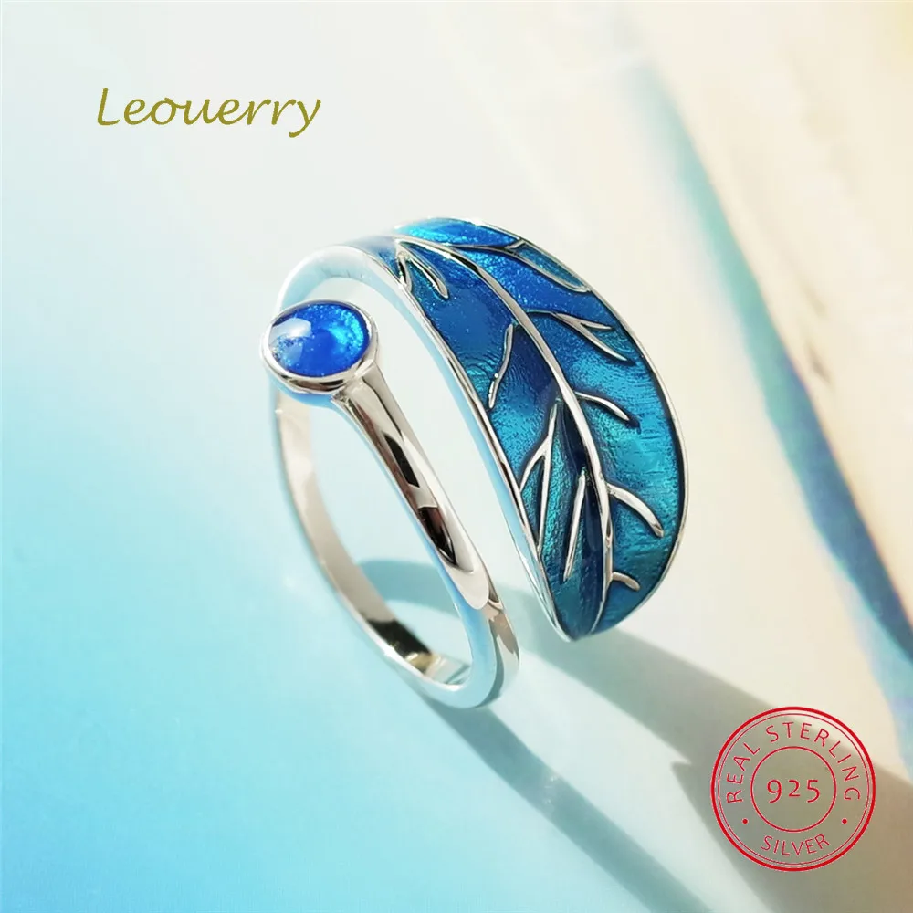 Leouerry 925 пробы серебро Blue Drop глазури дерева кольца с листьями оригинальной