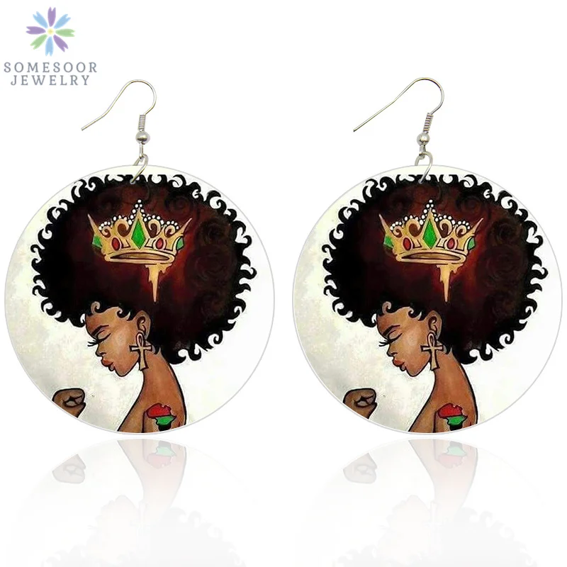 

SOMESOOR Both Sides Printing Afro Girl Natural Hair Wooden Drop Earrings African Crown Black Queen Fight Power Hiphop Jewelry