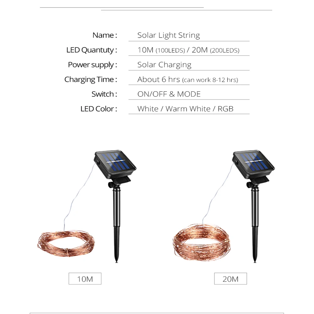 Светодиодные лампы на солнечной батарее 10 м 20 RGB IP65 Рождественская сказочная