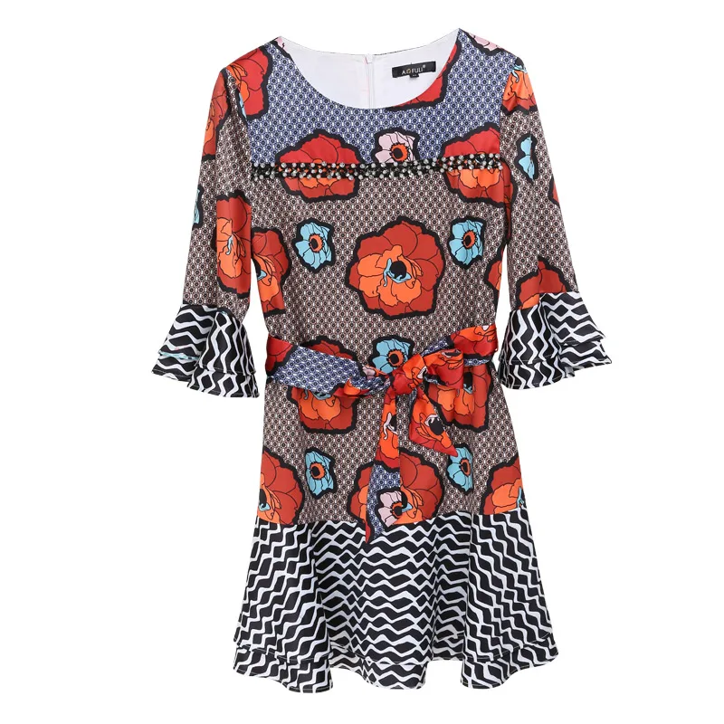 XL/2XL женские Платья с цветочным принтом алмазные жемчужины бисером размера плюс Весна Осень Половина рукава оборками платье с поясом AOFULI B2881
