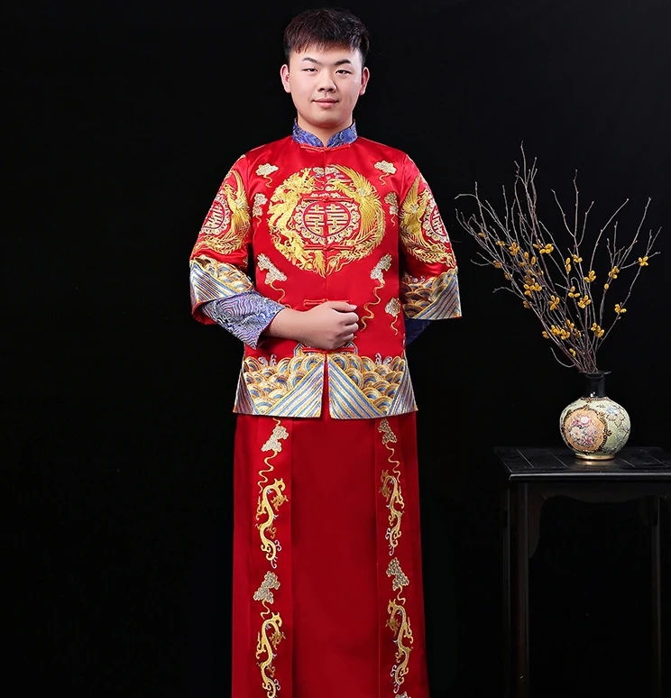 

Мужской красный cheongsam тост костюмы жениха платье куртка длинное платье Традиционный китайский стиль Свадьба Qipao мужской костюм с вышивкой Т...