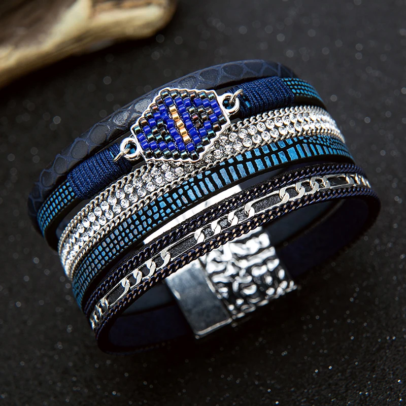 LAN CUI Fashion Alloy Crystal Beads Wide Magnetic Leather bracelets &amp bangles Multilayer Bracelets Ethnic Jewelry for Women Gift |