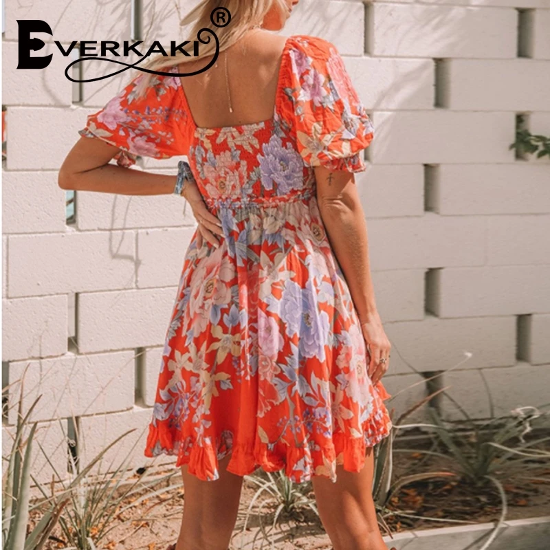 Everkaki винтажные Цветочные пляжные платья блузка мини бохо платье короткий рукав