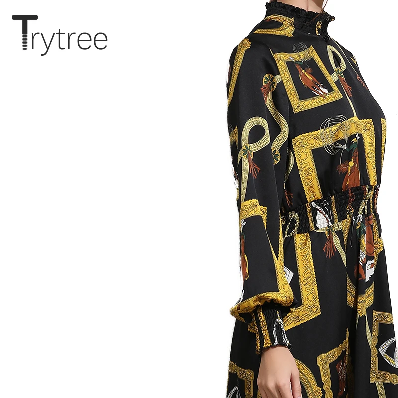 Trytree осеннее платье элегантное винтажное шелковистое женское с принтом рукав