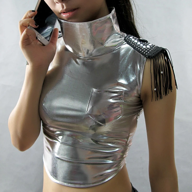 Женский Танцевальный жилет черный блестящий топ без рукавов из искусственной