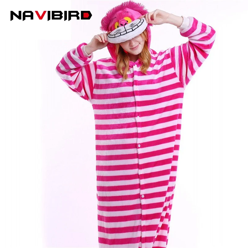 Забавная розовая и вышитым полосатым котом Onesie для взрослых из мультфильма