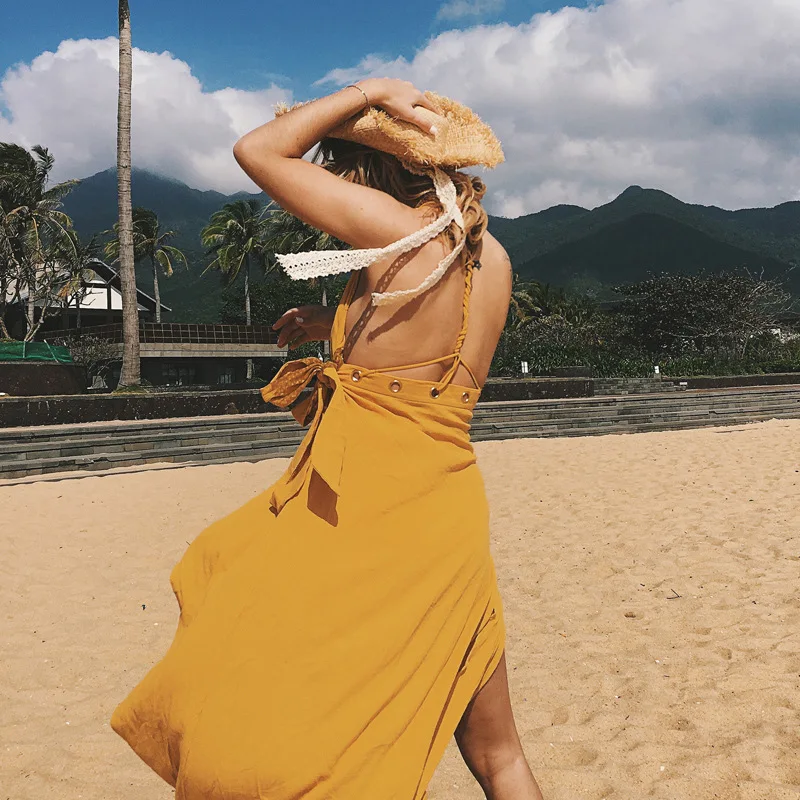 Платье с v-образным вырезом и открытой спиной тонкое богемное женское летнее