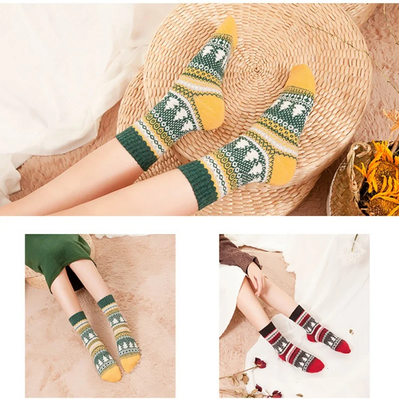

Autumn Unisex Warm Sports Socks Retro National Style Christmas Tree Printed Rabbit Hair Woolen Breathable Socks For Adult