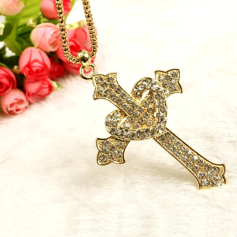 Rhinestone heart cross necklaces &amp pendants gothic gold color CNANIYA jewelry sweater accessories necklace long/neckless/neclace |