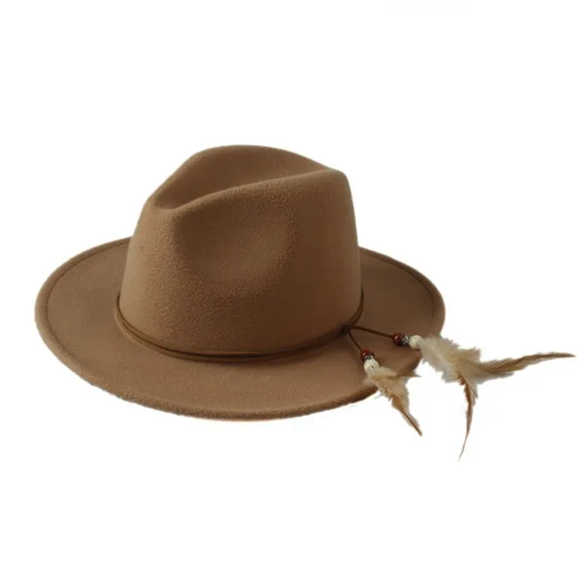 Новая модная шерстяная Унисекс Женская широкая шляпа с полями Fedora Для Laday Мужская шерстяная Панама с перьями повязка на голову джазовая шляпка для церкви