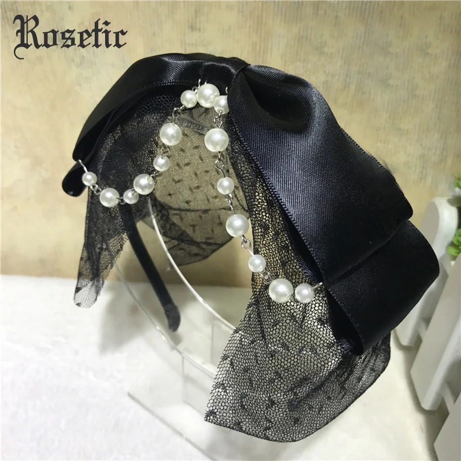Rosetic, принцесса, Ретро стиль, готика, Сладкая Лолита, для женщин, лента, бант, сетка, жемчуг, повязка на голову, для вечеринки, выпускного, модные аксессуары для волос