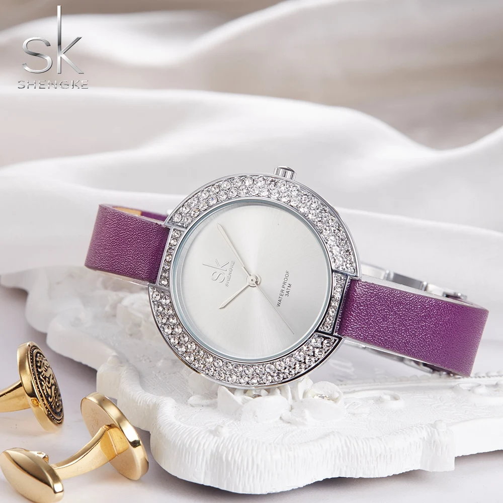 SK золотые кварцевые часы с бриллиантами и кожаным ремешком женские брендовые