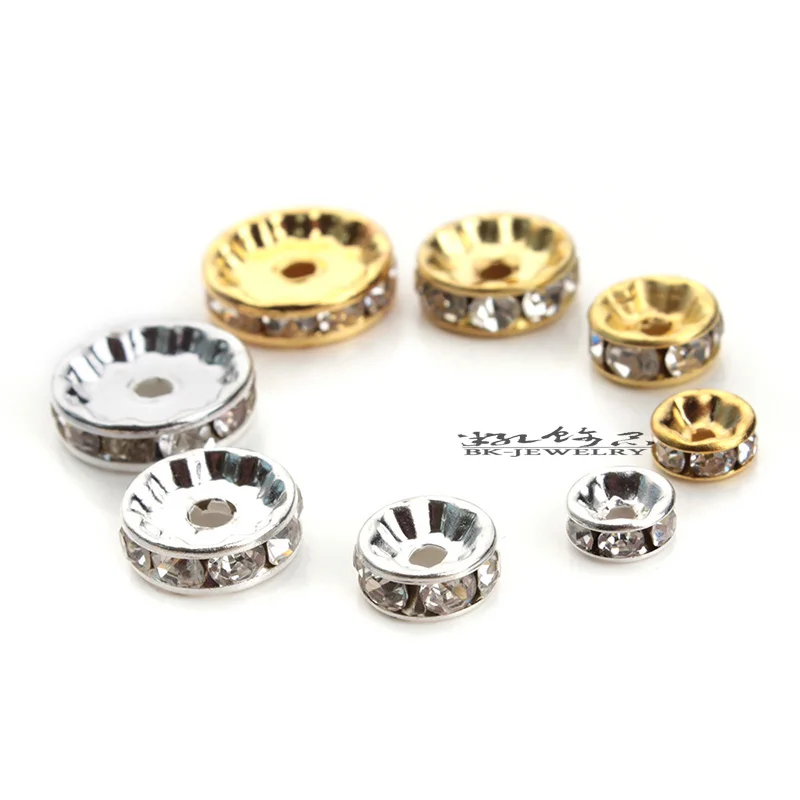 

500pcs/lot 6mm 8mm 10mm CZ Crystal Spacer Silver Gold Plated Rondelle Rhinestone Loose Crystal Spacer Bead For Jewelry Making