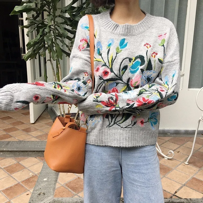 CHICEVER Spring Embroidery Floral Women Sweater Jumper Top Long Sleeve Pullovers O neck Female Sweaters Clothes Fashion Korean Женская