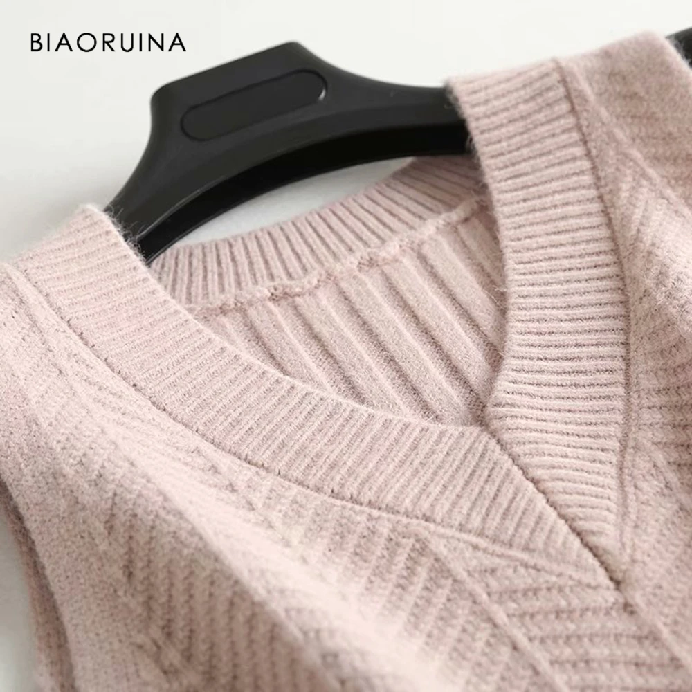 BIAORUINA женский корейский стиль элегантный вязаный свитер с разрезом сбоку Женский Повседневный пуловер с вырезом в виде буквы V женские шикарные свитера