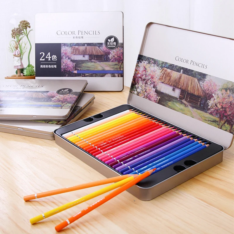 

Deli Oil 24/36/48/72 цветов цветной карандаш деревянный граффити железная коробка заполняющая ручка усовершенствованная цветная свинцовая живопис...