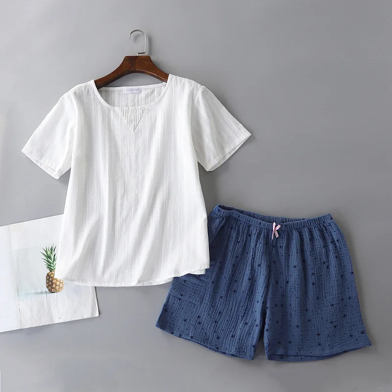 Летняя пижама из 100% хлопка с коротким рукавом газовые шорты круглым вырезом и