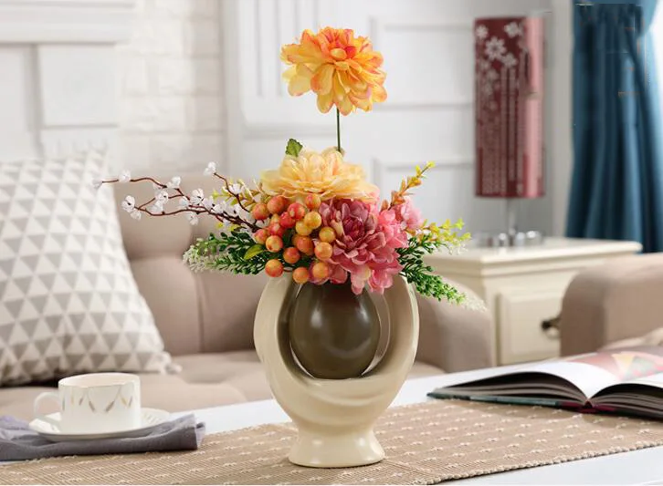 European Creative Ceramic Vase+Artificia Flower Ornament Decoration Modern Home Furnishing Crafts Decor Fake Flower Arrangement