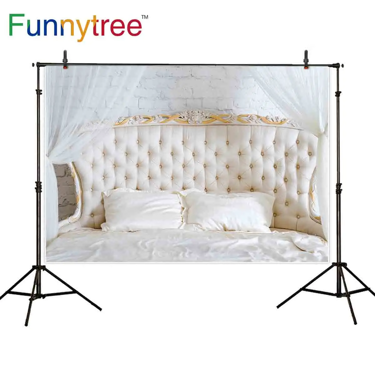 Белый фон Funnytree фотостудия винтажный с изголовьем кровати и кирпичной стеной