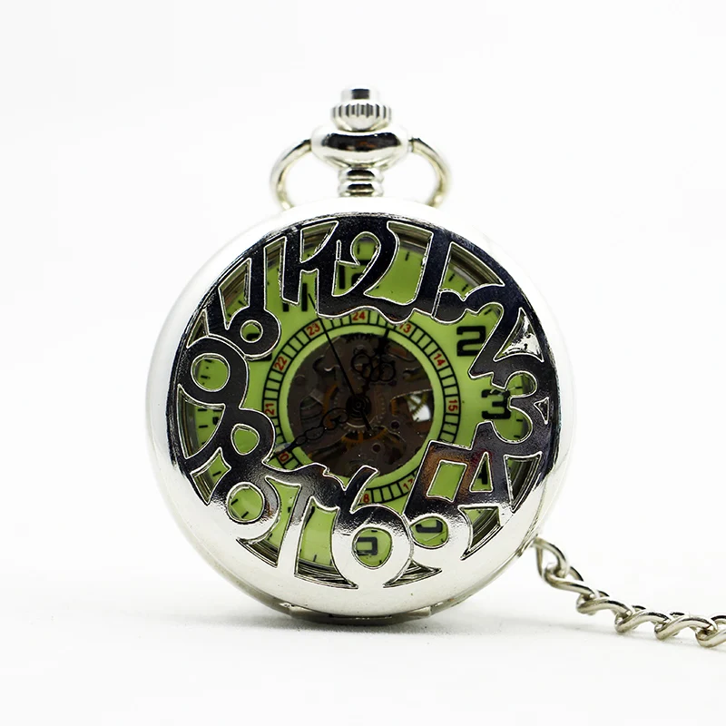 

Fashion Retro Night Luminous Steampunk Silver Hollow Arabic numeral Pendant Chain Mechanical Pocket Watch Men Jewelry Gift