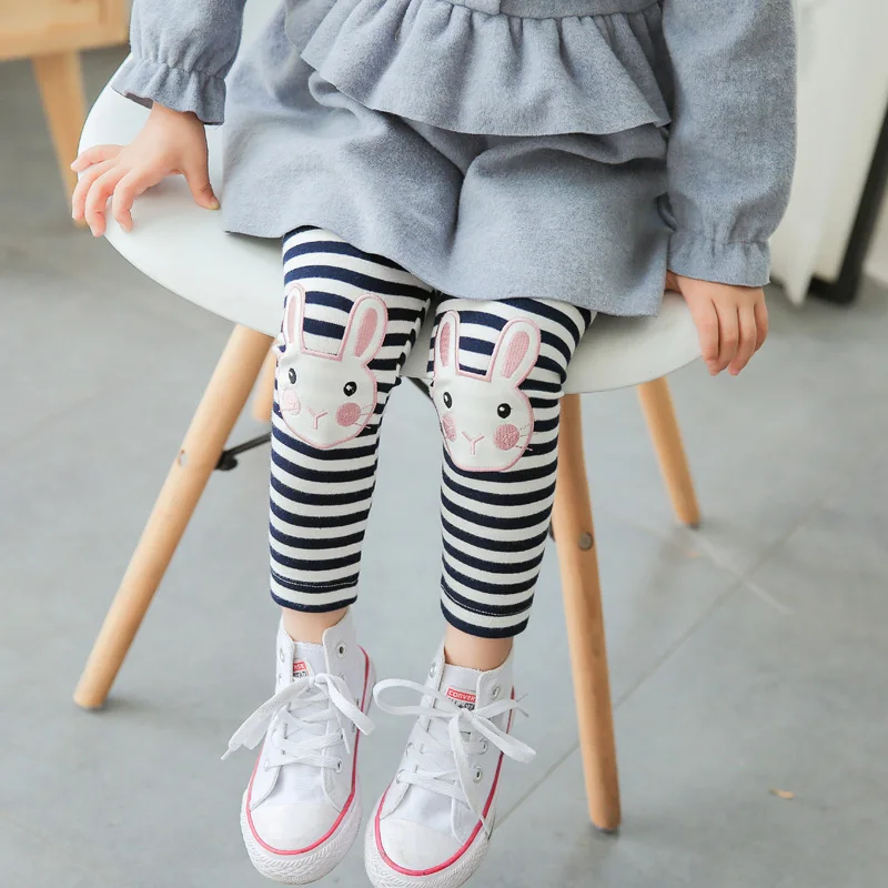 Дети Брюки для девочек осень 2017 г. Обувь мультфильм кролик вышивка хлопок полосой
