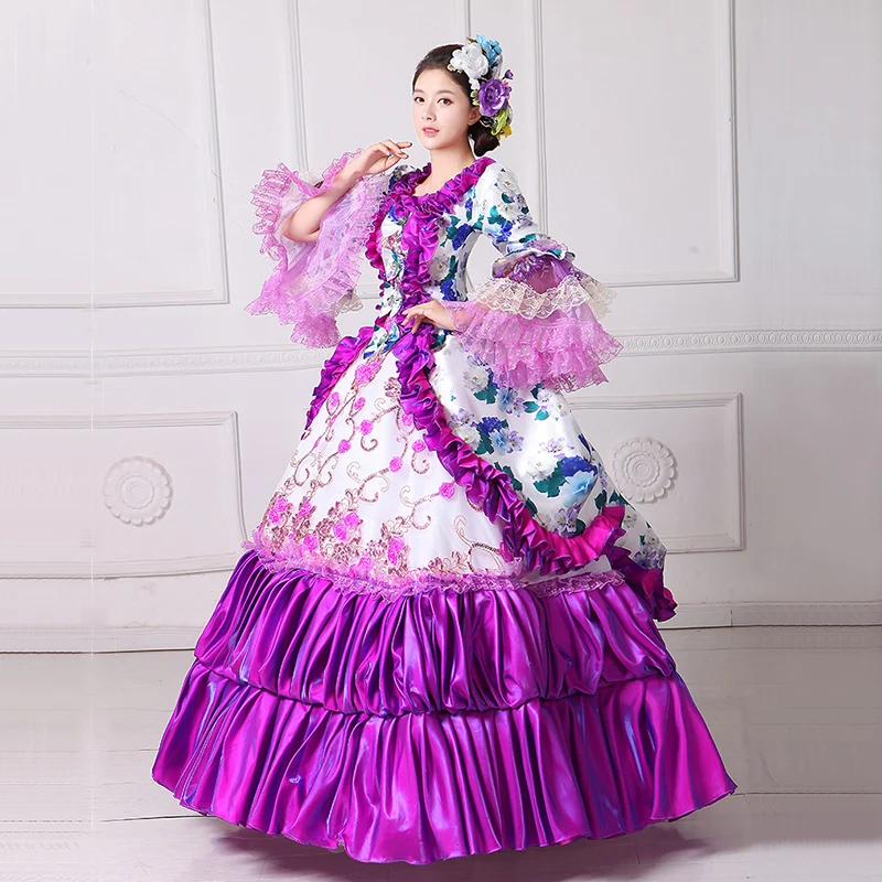 Реальное фото фиолетовый цветочный принт узор 18th Century сценическое платье для