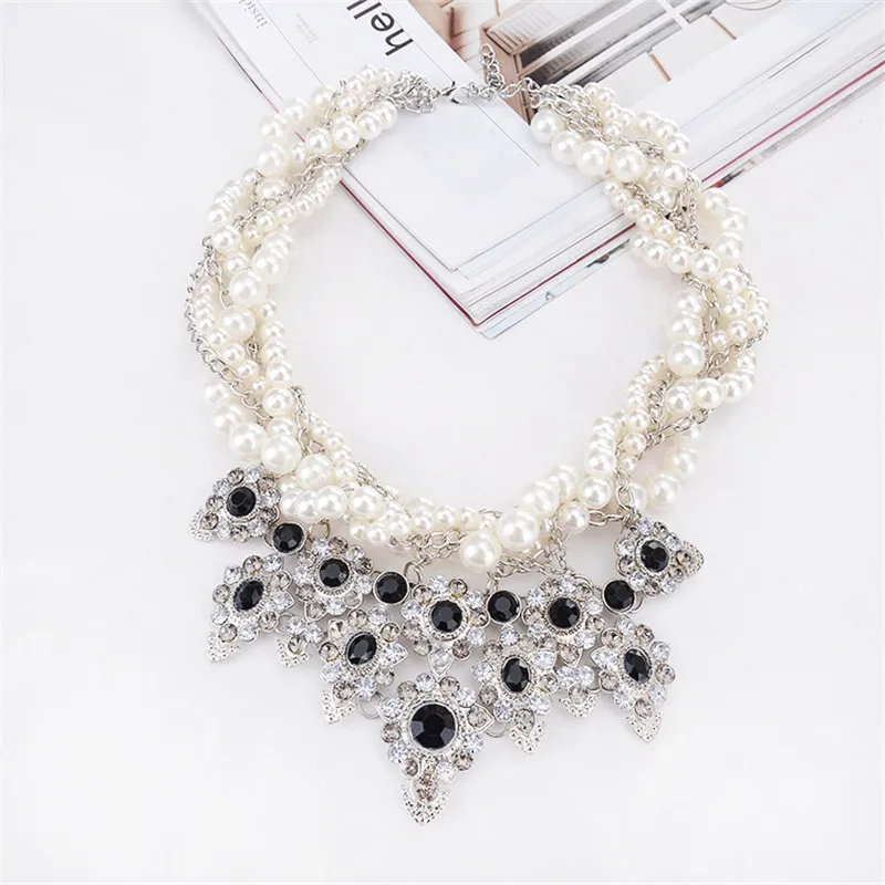 Retro Imitation Pearl Multilayer Strand Necklace Statement Rhinestone Pendant Big Necklaces Women Collar de mujer CZ9188 | Украшения и