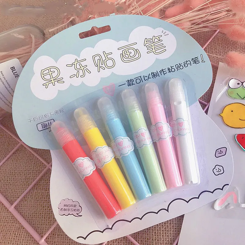 

6pcs/set Creative Cute Jelly Sticker Brush Marker Pen Cute Color Graffiti Diy Solid Jelly Pen Art Set For Kids Stationary