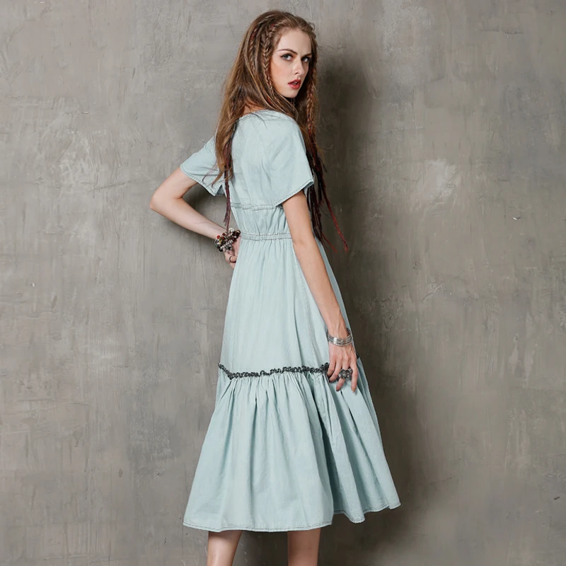 2017 платье из джинсовой ткани Yuzi. Может Boho новый летний Для женщин платья с v