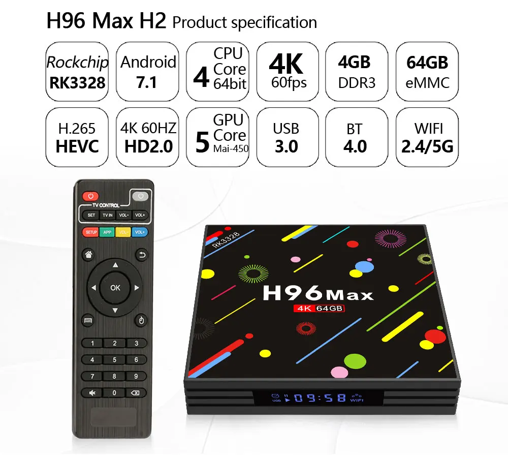 H96 MAX H2 светодиодный осыпи ТВ коробка Android 7,1 4 Гб 64 Гб RK3328 4 ядра 2,4 г/5g Wi-Fi USB 3,0 Bluetooth с поддержкой 4 k HDR VP9 смарт-медиа-плеер