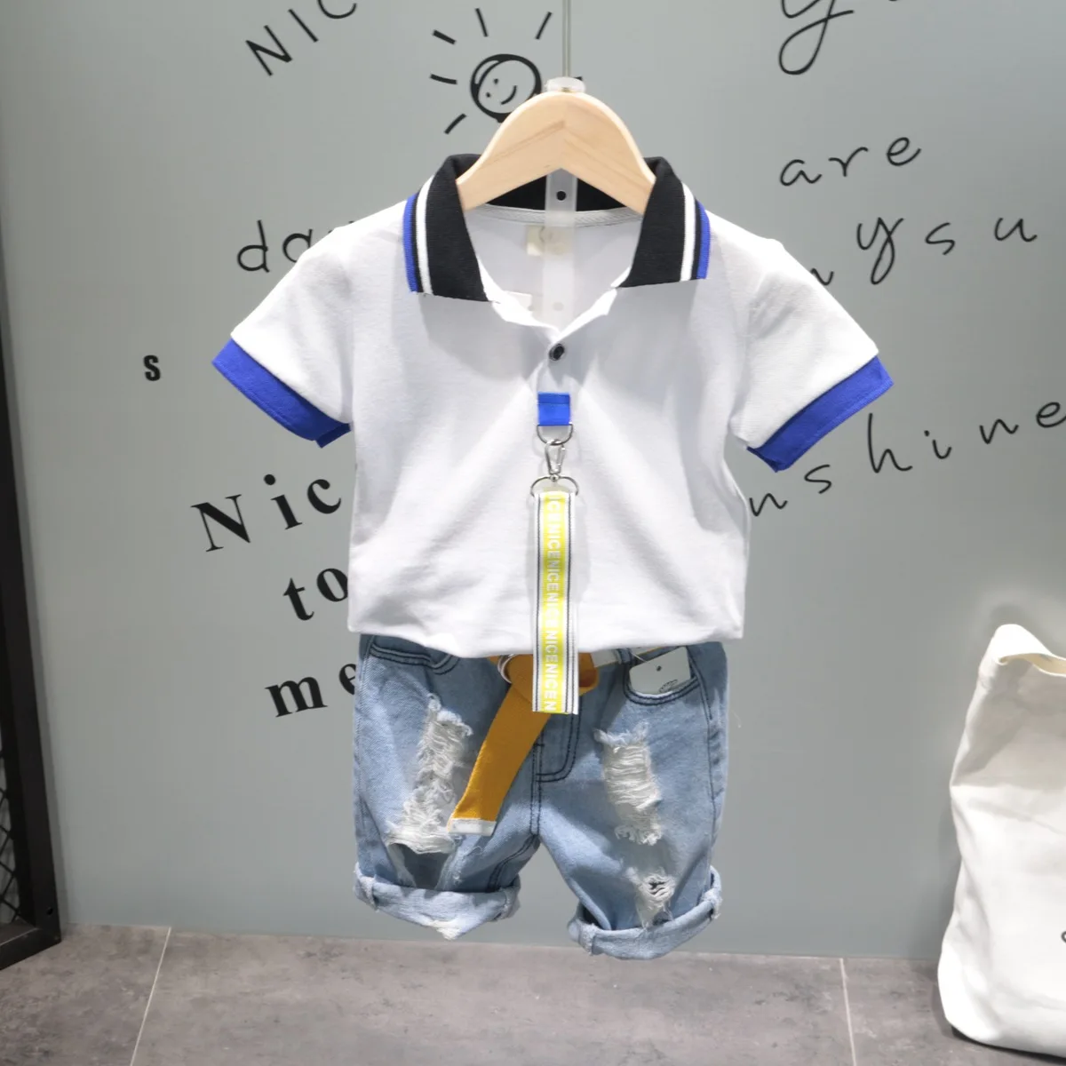 

2PCS WLG boys summer clothing set kids boy cotton letter printed shirt and holes denim short set children clothes