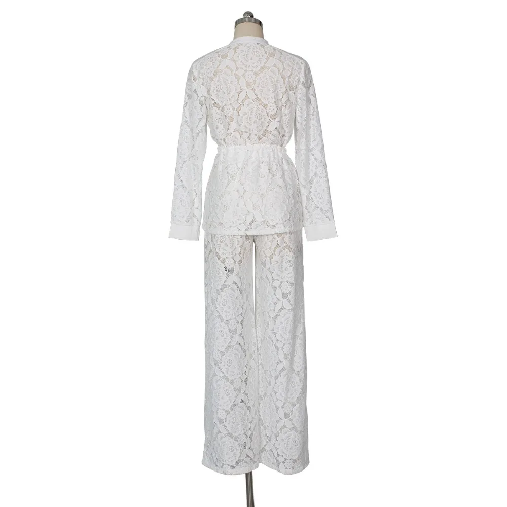 

Elegant Lace Women Set Sexy See Through Long Sleeve O Neck Solid Lace Up Bandage Top With Wide Leg Pants Office Lady Set Women