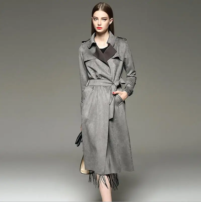 New Autumn Suede Trench Coat Women Mujer Long Elegant Outwear Female Overcoat Slim Red Suede Cardigan Trench - Цвет: Gray