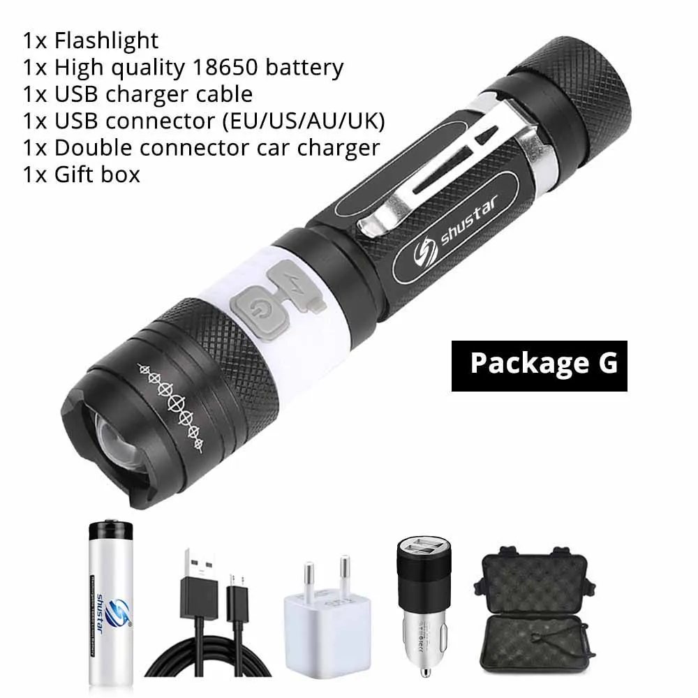 Package G Светодиодный фонарик с зарядкой от USB, супер яркий, водонепроницаемый, Sidelight, 6 режимов, многофункциональный фонарь, поддержка зума, аккумулятор 18650 - Испускаемый цвет: Package G