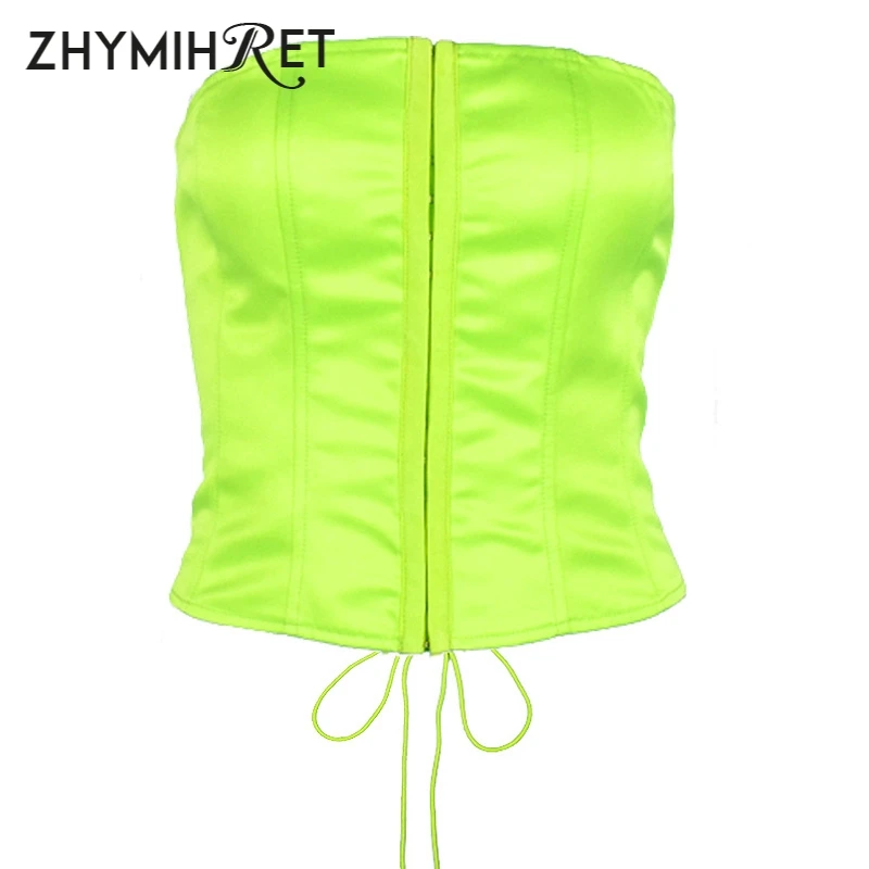 Женский топ на шнуровке ZHYMIHRET неоновый зеленый укороченный с поясом