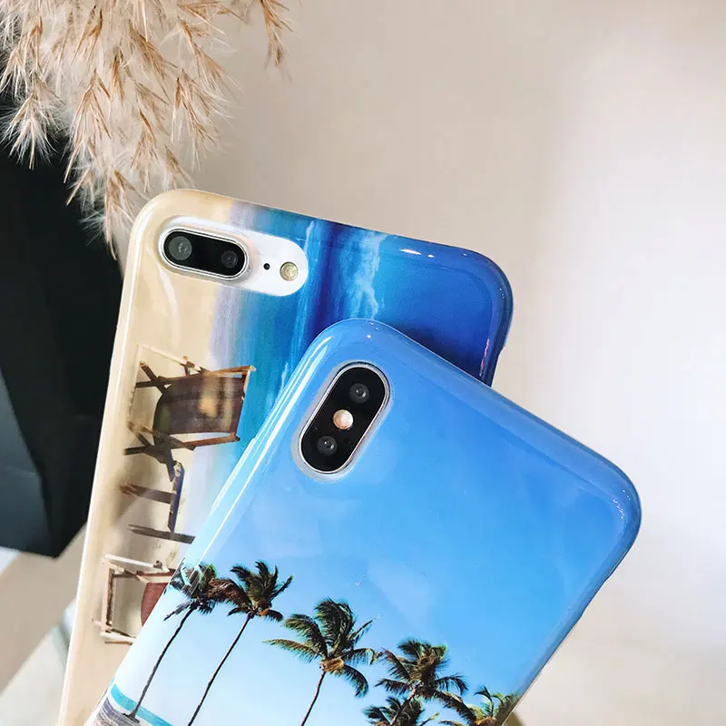 Boucho модные пляжные пейзажа задняя крышка для iPhone 6 S 7 8 Plus Glossy анти-knock Обложка