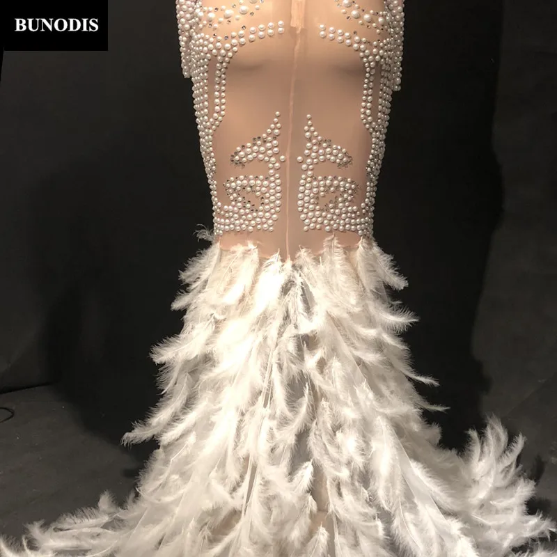 ZD27103 Women Sexy Long Skirt Simple Version Material Spandex Sparkling Crystals Pearl White Feather Tail Fashion Show Costumes | Женская