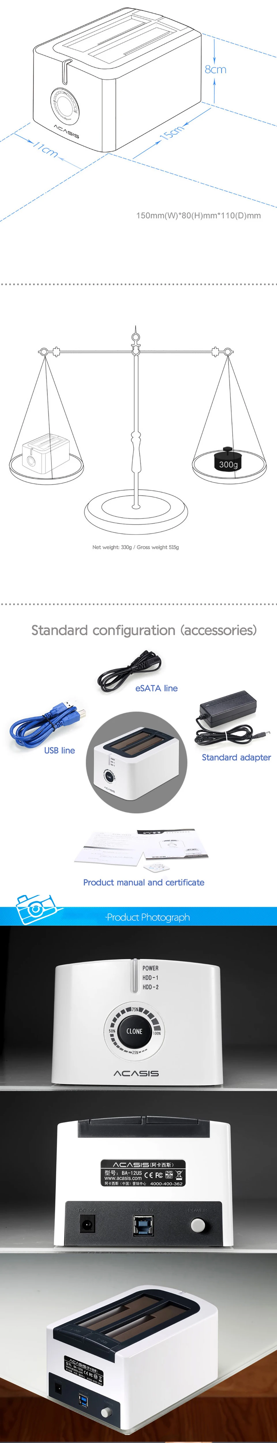 Acasis на 2-портный Dual Bay док-станция для жесткого диска станция SATA USB 3,0 адаптер hd 2,5 '3,5' SSD адаптар для жестких дисков Пластик внешний жесткий диск