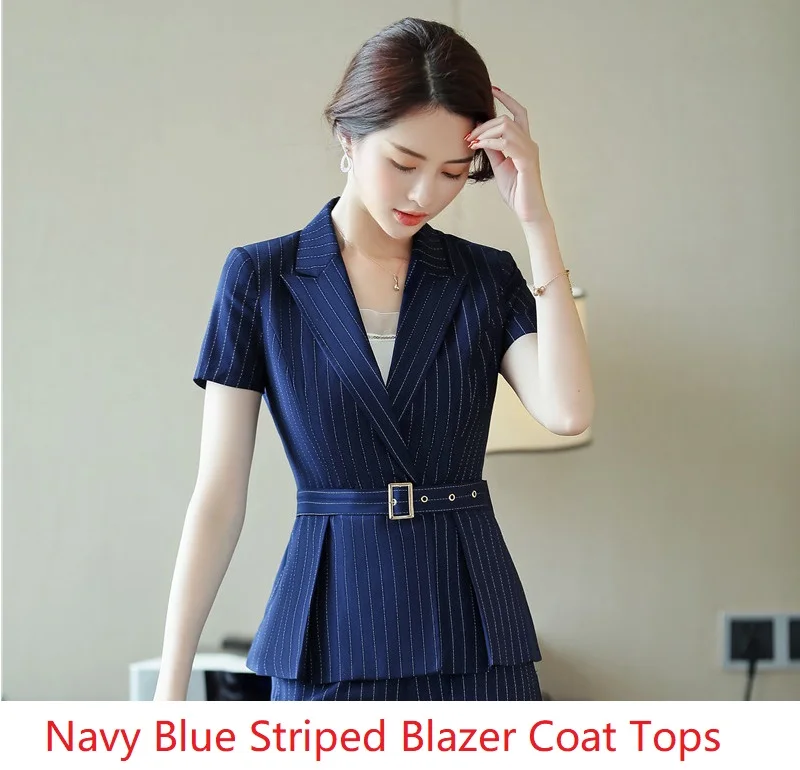 Dark Blue Striped Модная полосатая форма, летние блейзеры с короткими рукавами и куртки, пальто для женщин, офисный Блейзер, женская верхняя одежда - Цвет: Dark Blue Striped