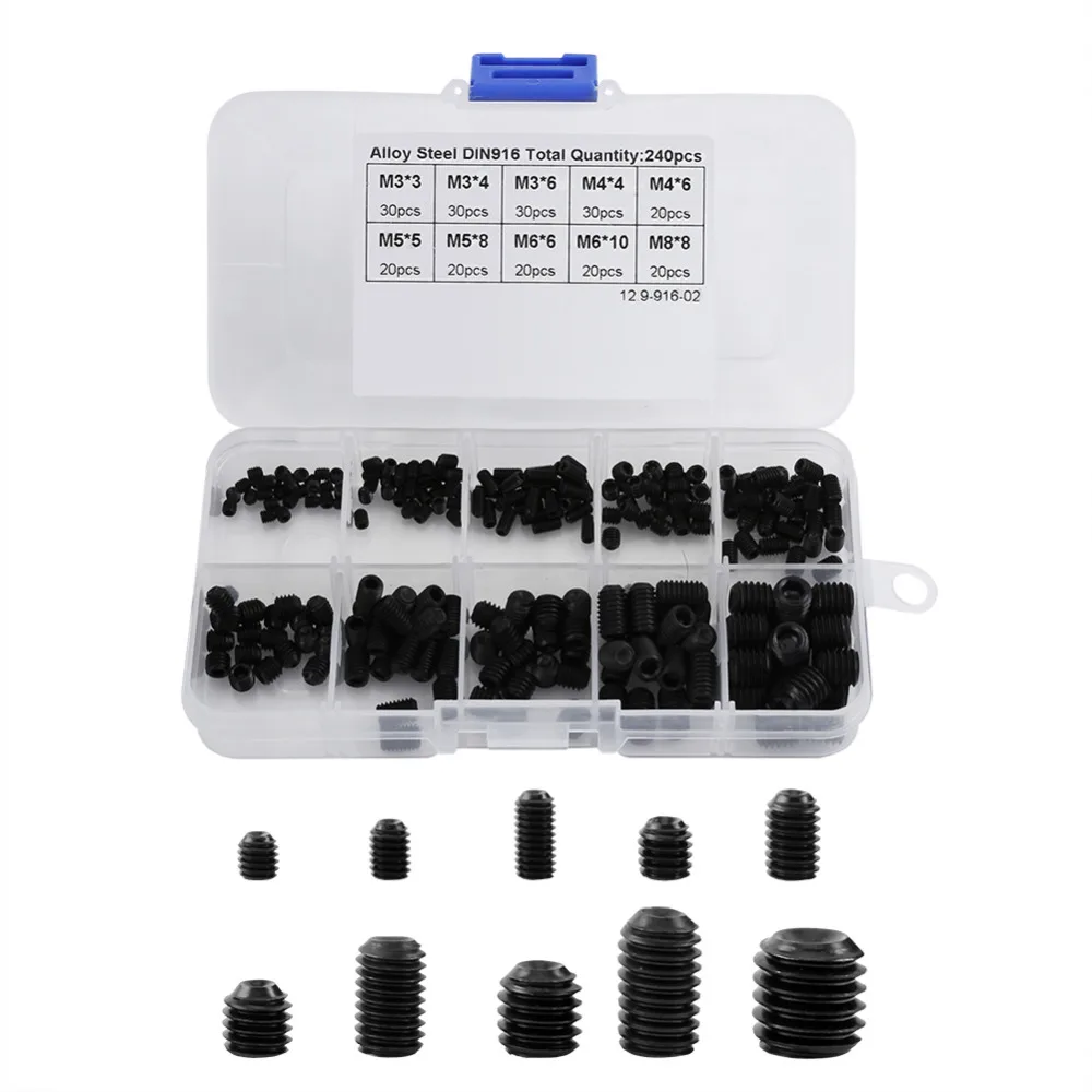 240Pcs/Set Socket Screw Allen Head Hex Set Grub Assortment Kit With Box DIN916 M3-M8 parafusos wood screws Hot Sale | Обустройство
