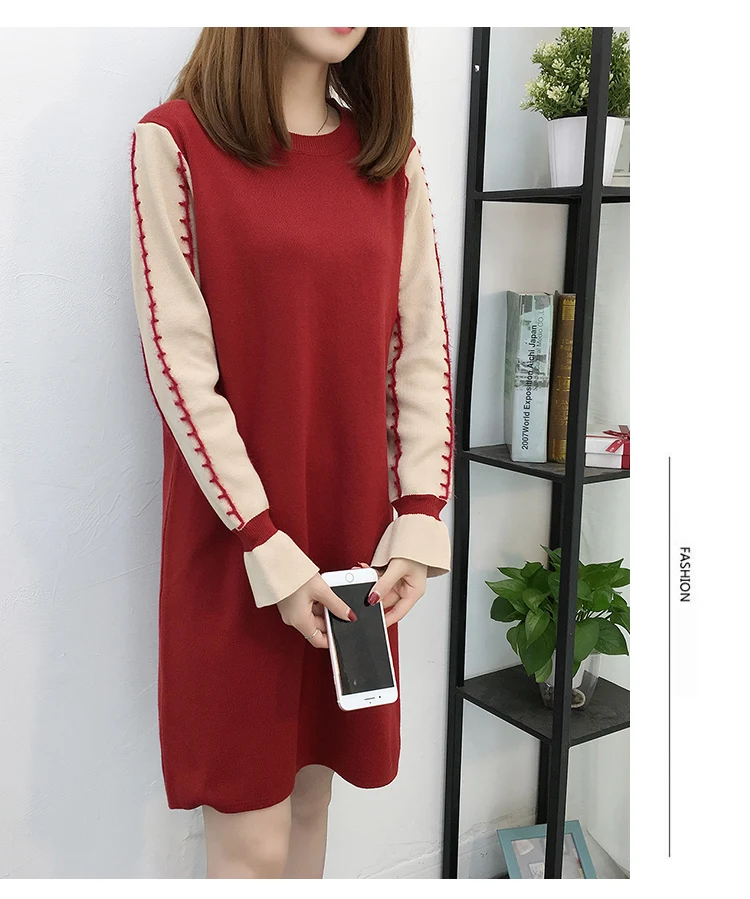 Размера плюс XL, XXL, XXXL мода Осенне-зимняя Дамская обувь Новое вязаное платье с длинным рукавом Свободные пуловеры мини Платья-свитеры L1583