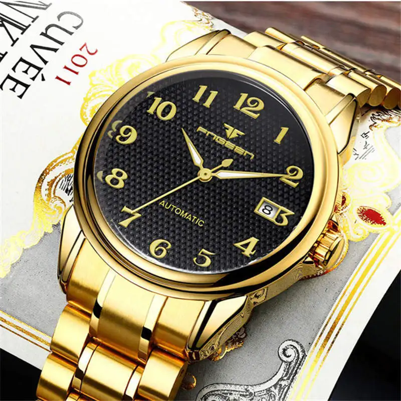 Gold Watch Automatic Mechanical Wristwatch Brand FNGEEN Luxury Men Watches Skeleton Stainless Steel Waterproof Clock Digital Man | Наручные