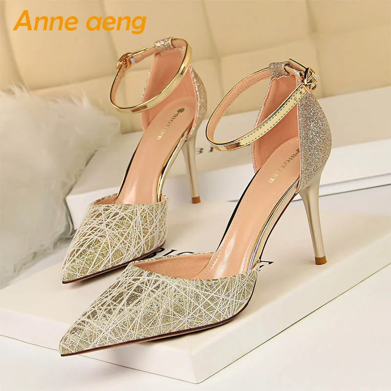 

2019 New Summer Women Sandals High Thin Heel Pointed Toe Buckle Bling Fashion Sexy Ladies Women Shoes Gold High Heels Sandals