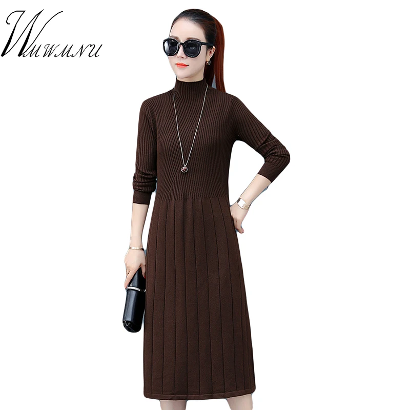 Женское трикотажное платье с высоким воротником однотонное Повседневное свитер