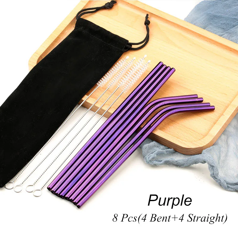 02 Purple 8 шт многоразовые соломинки из нержавеющей стали для питья Металлические Прямые изогнутые соломинки из нержавеющей стали с чистящей щеткой вечерние аксессуары для бара - Цвет: 02 Purple
