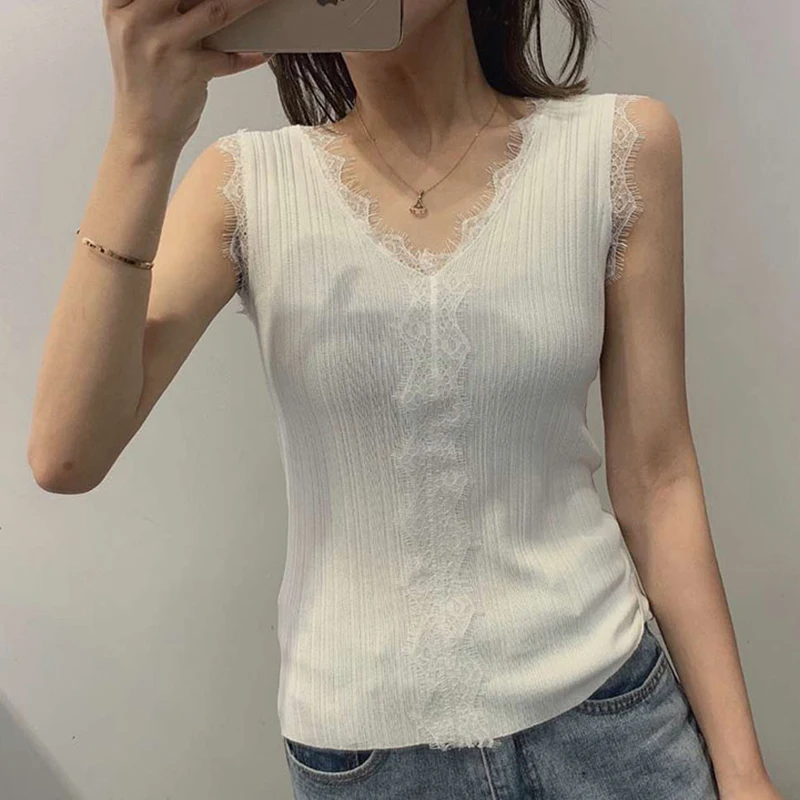 2019 летние топы модная НОВАЯ Трикотажная майка Женская кружевная Лоскутная