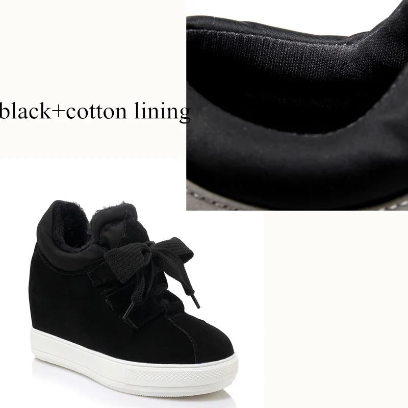 black with cotton Новинка года; сезон осень-зима; теплые кроссовки для женщин; теплые зимние ботинки на меху со скрытым каблуком; женская модная повседневная обувь на танкетке; цвет красный, черный - Цвет: black with cotton