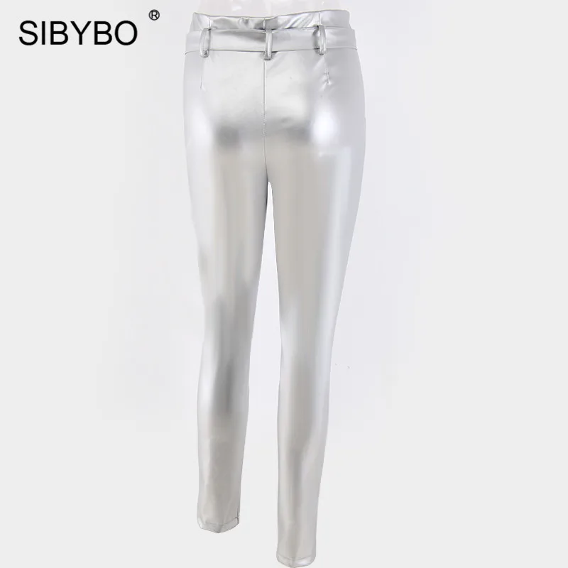 Sibybo/повседневные женские брюки с высокой талией из искусственной кожи; осенние модные узкие брюки на завязках; женские уличные брюки с карманами