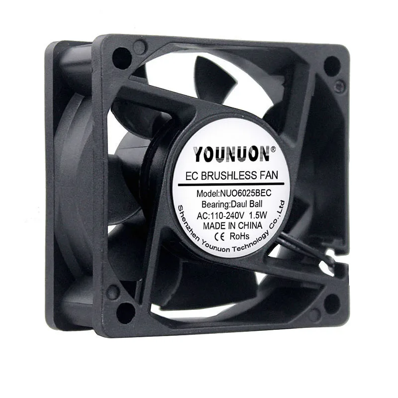 YOUNUON Dual Ball 60mm 6CM 60x60x25mm EC Brushless Fan AC 110V 115V 120V 220V 240V Axial Fan With Srwes& Fan Grills 6025