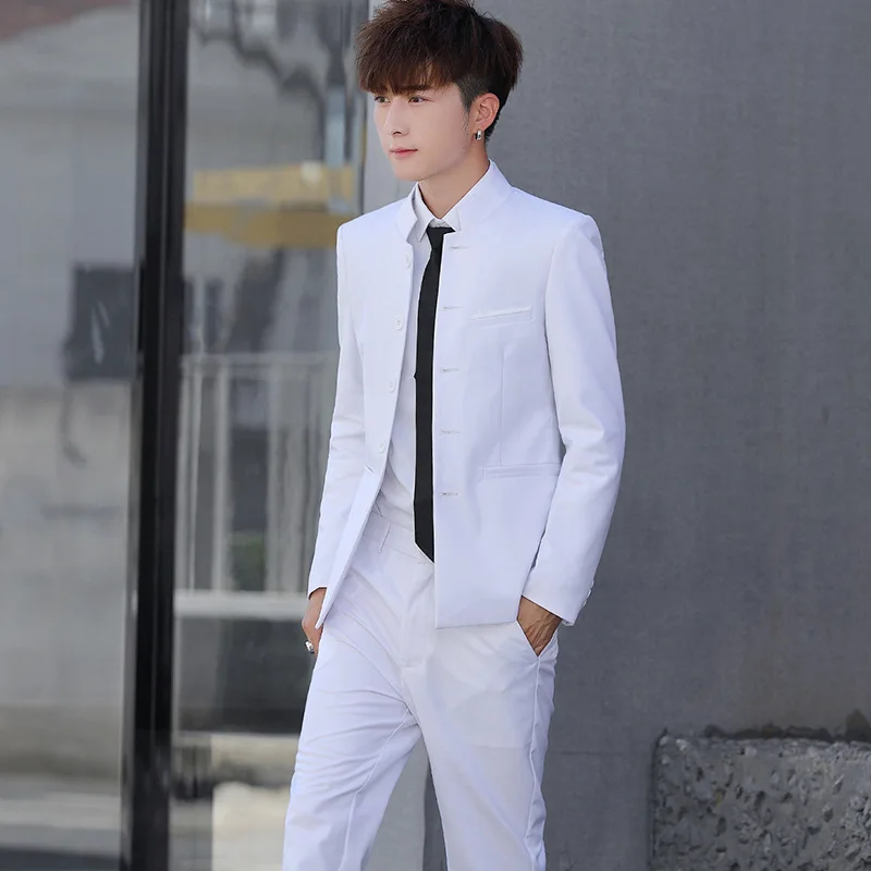 

Chinese Style Plus Size Men's Stand Collar Wedding Groom Suit 2 Piece Set (Jacket+Pants) Men's Casual Suits Male Big Size White